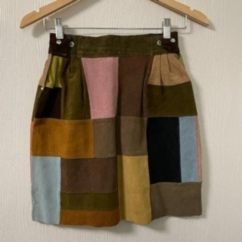 PRICE FIRM Vintage 70s Suede Patchwork Adjustable Miniskirt Mini | Size XXS-S - Picture 3 of 13